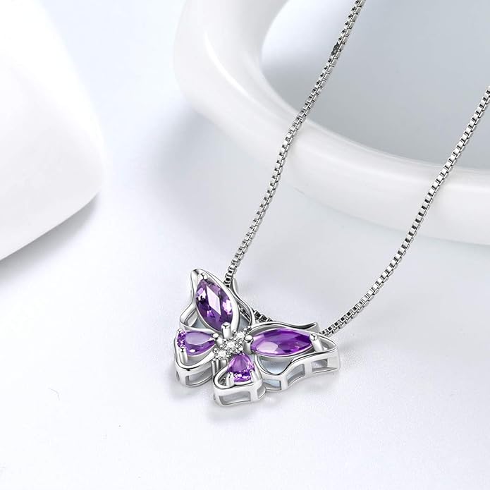 Aurora Tears Butterfly Birthstone Pendant Necklace - Women 925 Sterling Silver Butterflies Birthstone Pendant Necklace Jewelry Birthday Gift for Women
