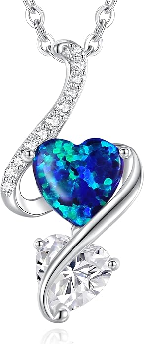 LOUISA SECRET 925 Sterling Silver Opal Birthstone Necklace, Unique Tiny Double Heart Pendant Jewelry, Engraved with "S925 I Love You" Best Birthday Gift for Women Wife Girlfriend Mom Her, Christmas Day Valentine's Day Anniversary Mother's Day