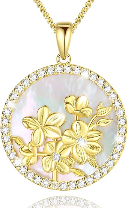 AGVANA Valentines Day Gifts Sterling Silver Birth Flower Necklace for Women Genuine Mother of Pearl CZ Round Disc Pendant Necklace Fine Jewelry Anniversary Birthday Gifts for Women Wife Mom Her