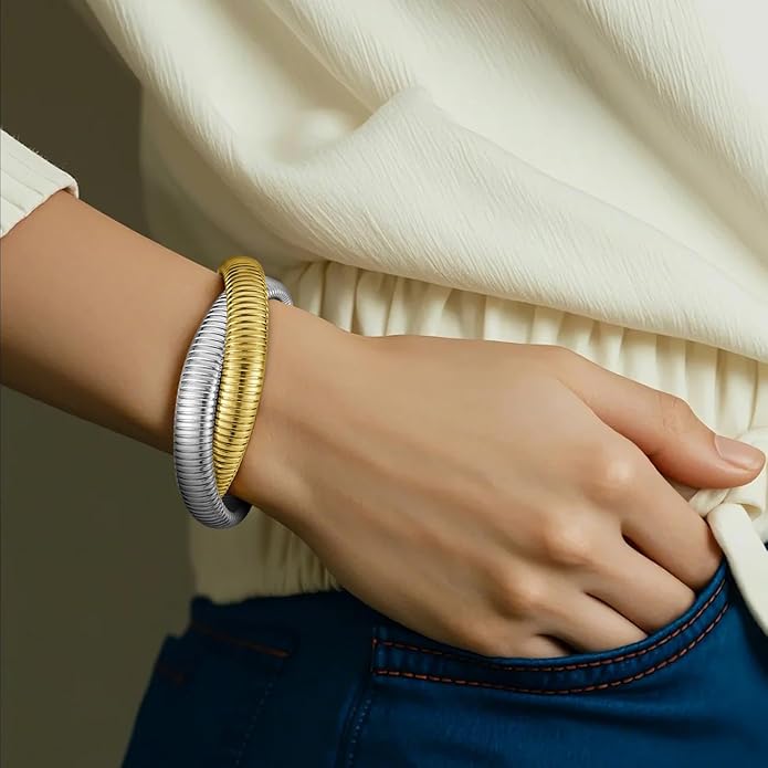 Emibele Gold Bangles Bracelet Set for Women, 18K Gold Plated Chunky Stainless Steel Non Tarnish Stretch Bracelet Stack, Flexible Wide Wristband Bangle Layered Snake Chain Bracelets