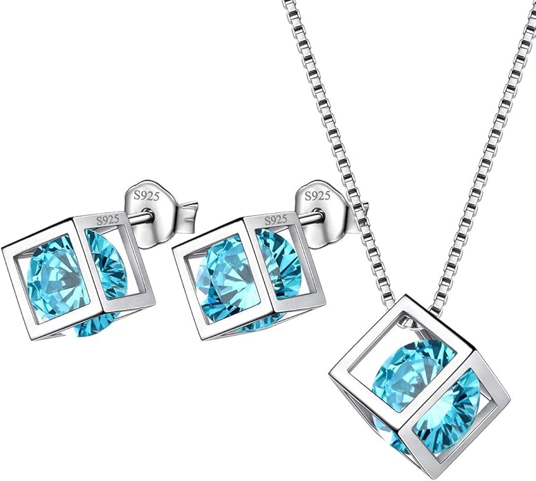 Aurora Tears Birthstone Necklace/Earring 925 Sterling Silver Women Cross/3D Cube/Cresent Moon Birth Stone Jewelry Mens Birthday Gift Anniversary Present