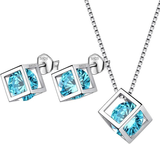 Aurora Tears Birthstone Necklace/Earring 925 Sterling Silver Women Cross/3D Cube/Cresent Moon Birth Stone Jewelry Mens Birthday Gift Anniversary Present