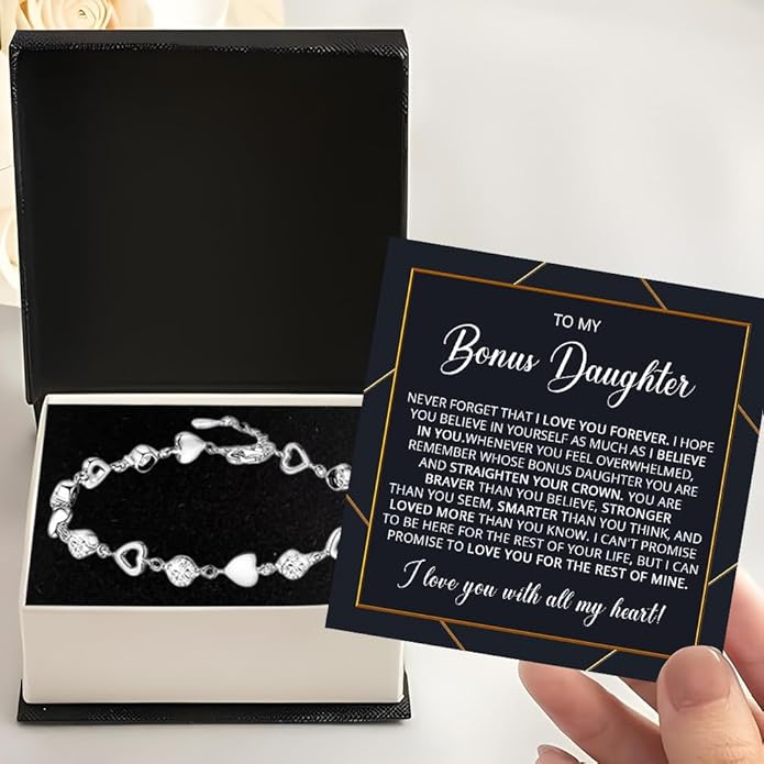 To My Bonus Daughter Heart Bracelet Gift, Beautiful Bonus Daughter Jewelry From Step Mom Dad With Message Card and Box Meaning, Christmas Graduation Birthday Gifts, To My Stepdaughter Bracelet