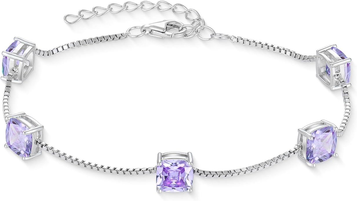 Birthstone Bracelet for Women 925 Sterling Silver Dainty Princess Cut Link Bracelet Jewelry Gifts for Her