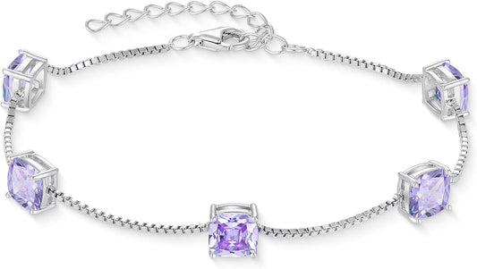 Birthstone Bracelet for Women 925 Sterling Silver Dainty Princess Cut Link Bracelet Jewelry Gifts for Her
