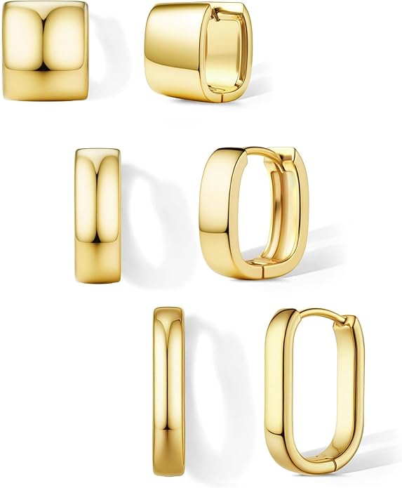 Florideco 3Pairs Chunky Gold Earrings Set 14K Gold Plated Hoop Earrings for Women Trendy Small Thick Huggie Hoops Earring Lightweight Silver Hoop Earring Sets for Multiple Piercing