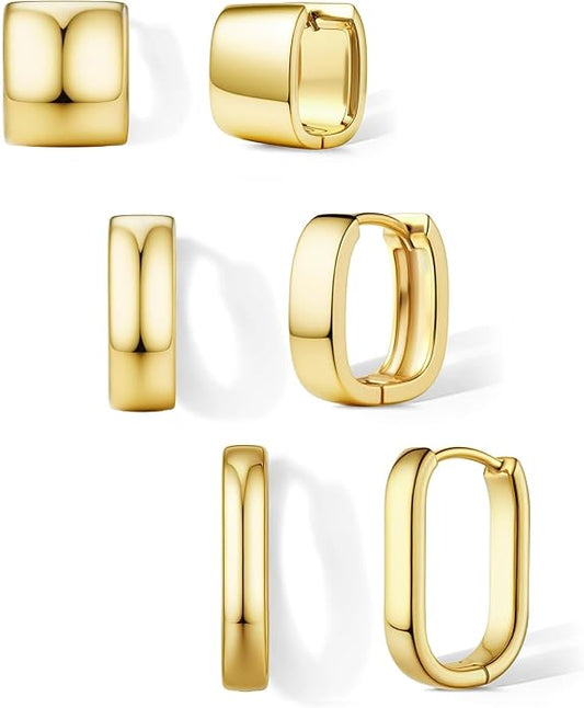 Florideco 3Pairs Chunky Gold Earrings Set 14K Gold Plated Hoop Earrings for Women Trendy Small Thick Huggie Hoops Earring Lightweight Silver Hoop Earring Sets for Multiple Piercing