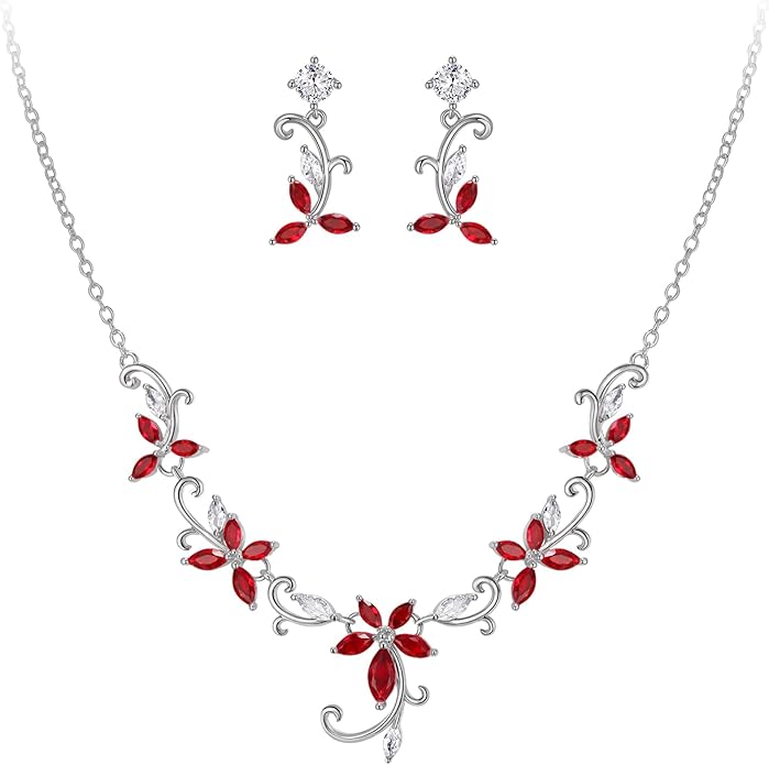 Crysdue Flower Leaf Wedding Jewelry Set for Bridal Bridemaid, Cubic Zirconia Teardrop Elegant Silver/14K/Rose Gold Plated Vine Necklace Dangle Earrings for Prom Party