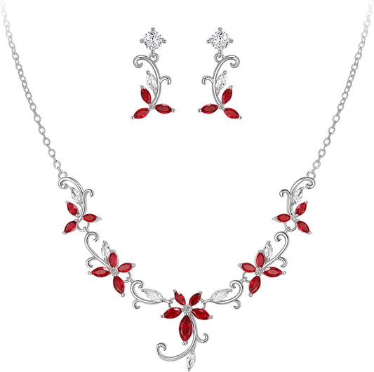 Crysdue Flower Leaf Wedding Jewelry Set for Bridal Bridemaid, Cubic Zirconia Teardrop Elegant Silver/14K/Rose Gold Plated Vine Necklace Dangle Earrings for Prom Party