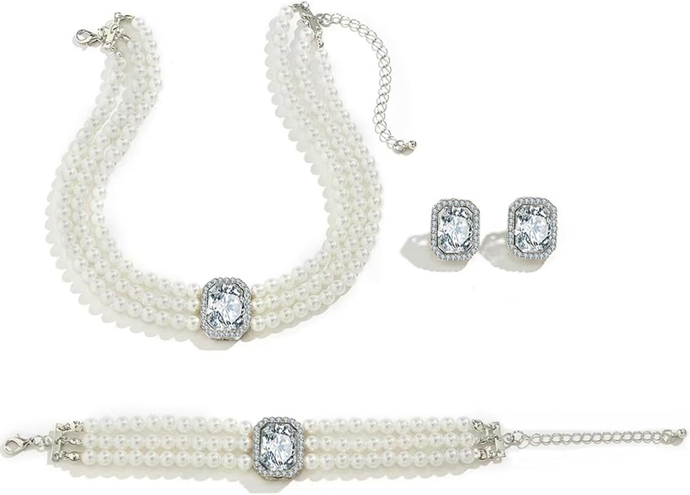 la luen Pearl Bride Wedding Jewelry Set Faux Pearls Crystal Rhinestone Necklace Earrings Bracelet Sets for Women Bridesmaid(3 PCS)