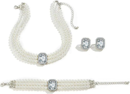la luen Pearl Bride Wedding Jewelry Set Faux Pearls Crystal Rhinestone Necklace Earrings Bracelet Sets for Women Bridesmaid(3 PCS)