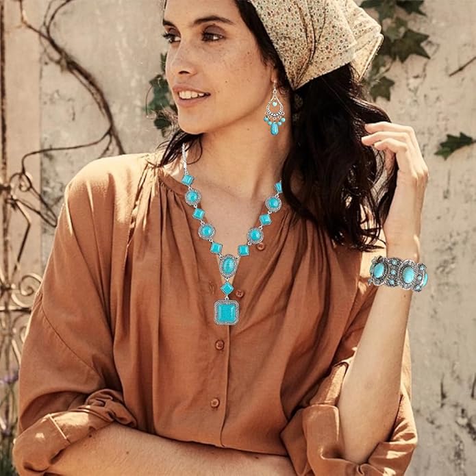 Bohemian Turquoise Necklace Set - Women's Western Jewelry with Long Choker, Pendant, Dangle Earrings, Layered Bracelets
