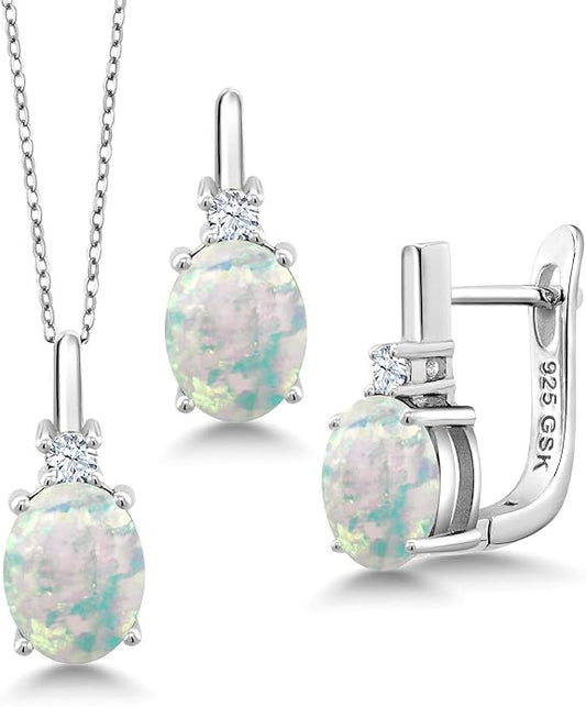 Gemstone Birthstone and White Created Sapphire Pendant and Earrings Jewelry Set for Women in 925 Sterling Silver | Oval 8X6MM and Round 2.5MM | With 18 Inch Chain | Fine Jewelry for Her Mom Women Wife