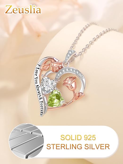 Zeuslia Double Birthstone Necklace Gifts for Wife - 925 Sterling Silver Sunflower/Rose/Crown Cross/Compass/Heart Pendant I Love You Necklace, Anniversary Birthday Gifts for Wife Girlfriend Mom Her