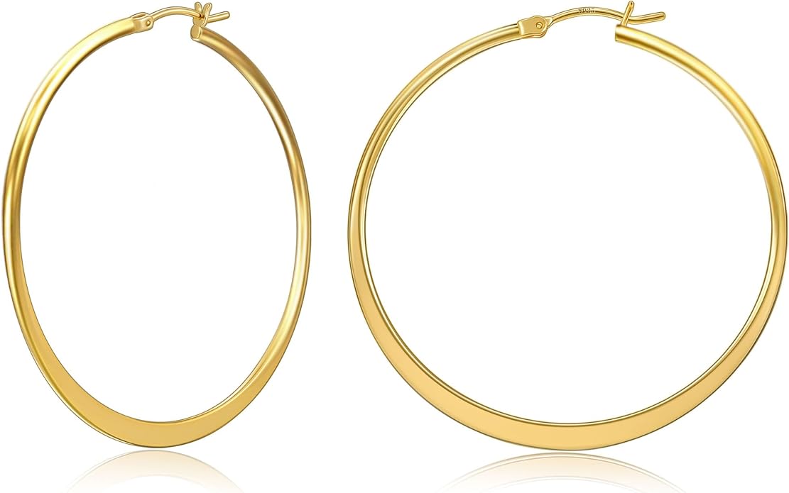 Gacimy Flattened 14K Gold Plated Hoop Earrings for Women, 14K Real Gold Plated Hoops with 925 Sterling Silver Post,Hypoallergenic Lightweight Earring