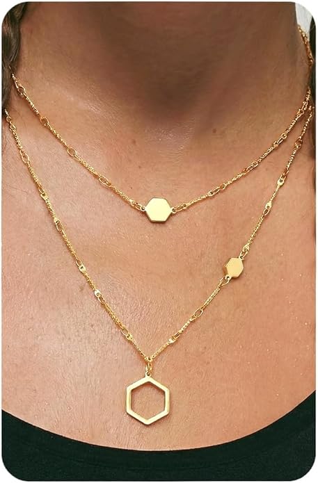 UBGICIG Honeycomb Layered Pendant Necklaces for Women Stackable, Dainty Y-Shaped Lariat Paperclip Pearl Heart Necklace, 16K Gold Silver Plated Long Necklaces Women's Trendy Drop Chain Necklace Jewelry