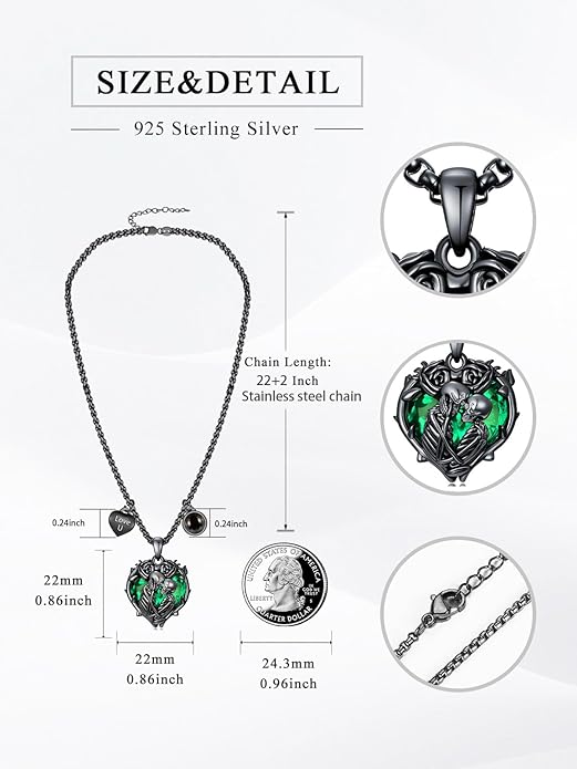 Flpruy 925 Sterling Silver Black Gothic Jewelry Gifts Skeleton Couple Pendant Crystal Birthstone Heart Necklace Punk Romantic Jewelry for Lover Men Women