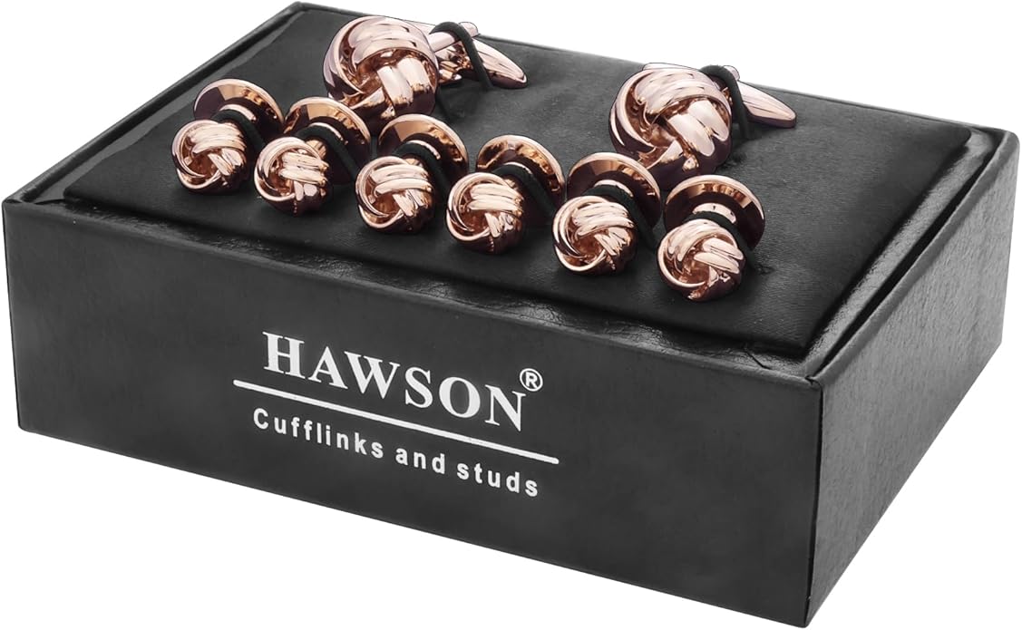 HAWSON Knot Cufflinks and Shirt Studs for Men in Gold or Silver Tone, Matching with White and Black Tuxedo, Suitable for Wedding Day or Formal Occasion.