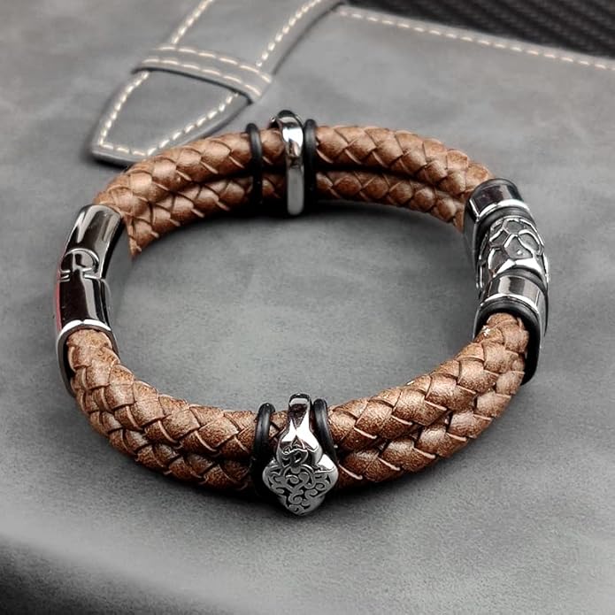 Mens Leather Bracelet Premium Leather Braided Bracelet Stainless Steel Jewelry Gift Accessories Men's Bracelet