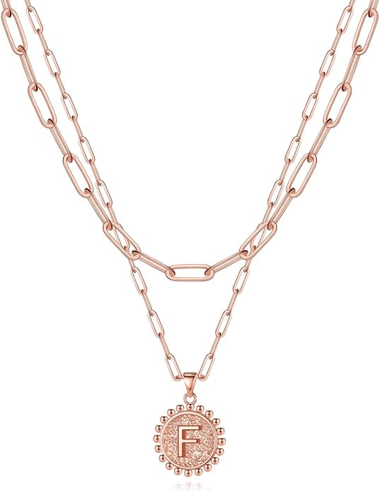 Yoosteel Gold Initial Necklaces for Women, 14K Gold Plated Dainty Layering Paperclip Link Chain Necklace Coin Initial Layered Necklaces for Women Personalized Birthday Gifts