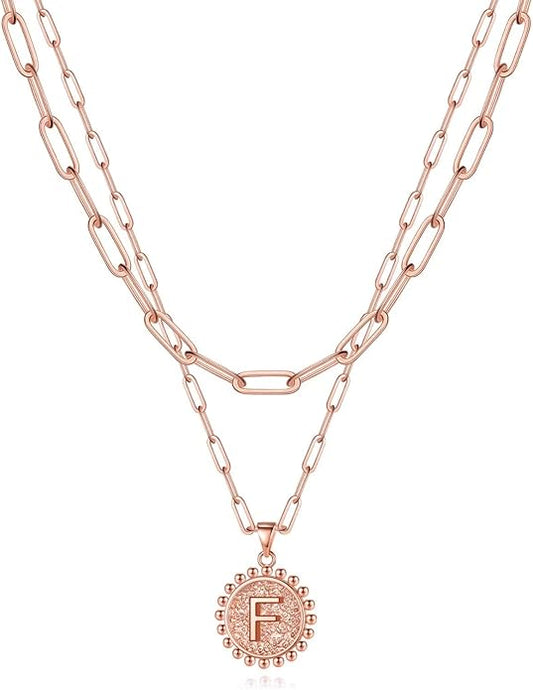 Yoosteel Gold Initial Necklaces for Women, 14K Gold Plated Dainty Layering Paperclip Link Chain Necklace Coin Initial Layered Necklaces for Women Personalized Birthday Gifts