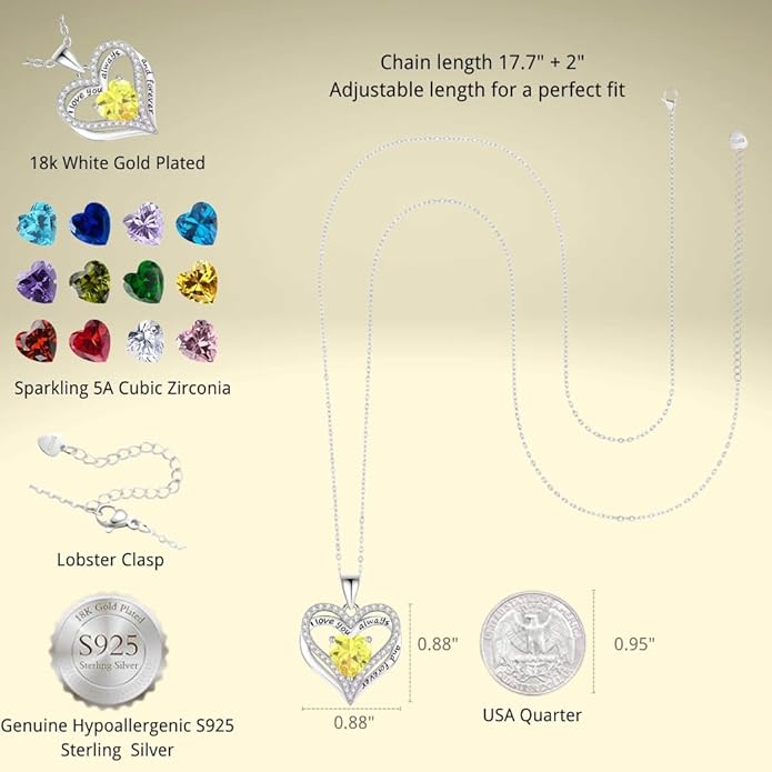 Birthstone Heart Necklace for Women Wife Girlfriend Mom Daughter Gifts S925 Silver Jewelry For Anniversary Rose Gold Gifts For Birthday Christmas Mothers Valentines Day