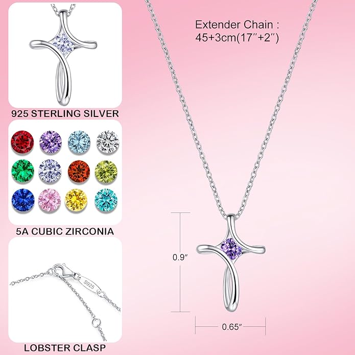 NINAMAID Cross Necklace for Women, 925 Sterling Silver Birthstone Necklace for Women with Diamond Sideways Cross Necklaces Birthstone Jewelry Birthday Gifts for Womens