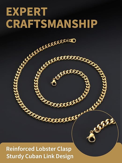 FindChic Men Curb Chain Necklace 18K Gold Plated/Stainless Steel/Black Chunky Double Tight Cuban Link Hip Hop Neck Chains for Men Boys 3.5MM/5MM/6MM/7MM/9MM/12MM 14''-30'' 8 Length Options (Send Gift Box)