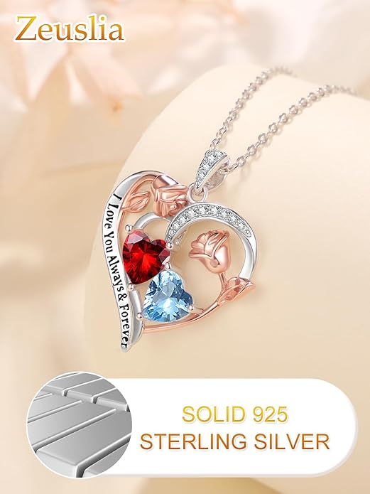 Zeuslia Double Birthstone Necklace Gifts for Wife - 925 Sterling Silver Sunflower/Rose/Crown Cross/Compass/Heart Pendant I Love You Necklace, Anniversary Birthday Gifts for Wife Girlfriend Mom Her