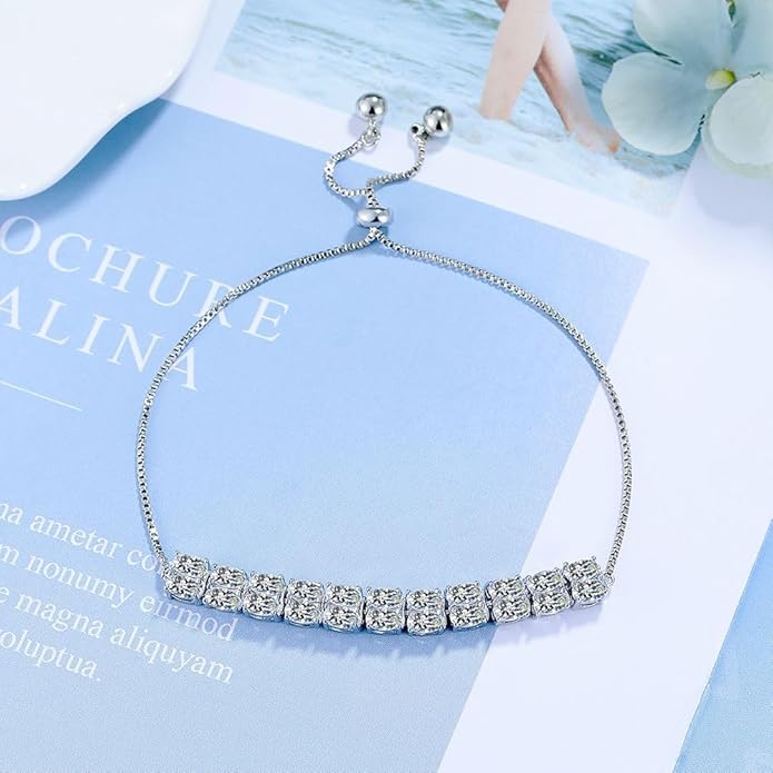 Italian Sterling Silver Women's Tennis Bracelets | Ladies' Sterling Silver Rope Adjustable Bracelet with Crystals | Gift for She