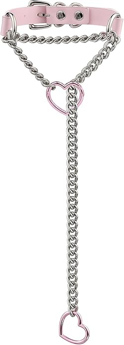 Handmade Black Heart Choker Collar For Women, Punk Gothic O-ring Slip Chain Necklace with Adjustable Vegan Leather Buckle