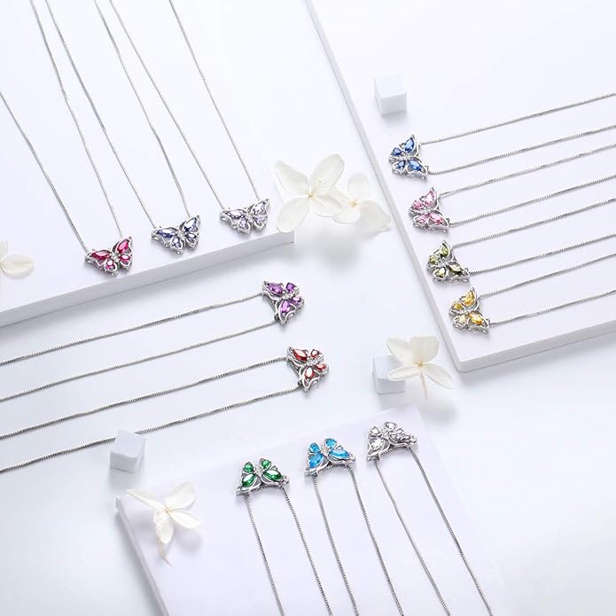 Aurora Tears Butterfly Birthstone Pendant Necklace - Women 925 Sterling Silver Butterflies Birthstone Pendant Necklace Jewelry Birthday Gift for Women