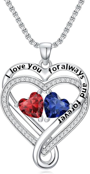 I Love You for Awlays and Forever Double Heart Necklace with Birthstone, 2 Birth Stone Jewelry Anniversary Valentines Mothers Day Christmas Birthday Gifts for Women Her Wife Girlfriend Mom Mother