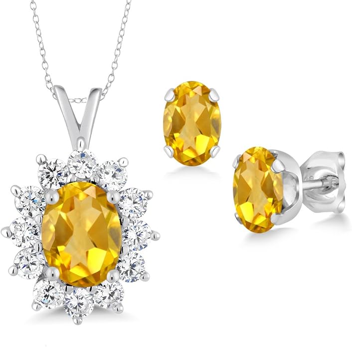 Gem Stone King 8X6MM and 6X4MM Oval Gemstone Birthstone Pendant and Earrings Jewelry Set For Women | 925 Sterling Silver | Fine Jewelry Gifts for Her Mom Women Wife | With 18 Inch Chain