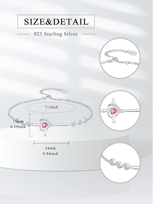 Cross Birthstone Charm Link Bracelet 925 Sterling Silver Cross Bracelet with 12 Months Birthstone Religious Christian Jewelry Gifts for Women Mom Her,Chain Length 7"+2" Extend
