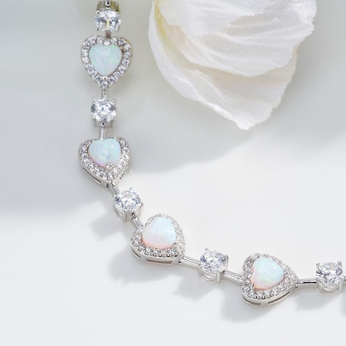 Sterling Silver Tennis Bracelets for Women Opal Gemstone October Birthstone Fine Jewelry Charm Link for Her 7 Inches