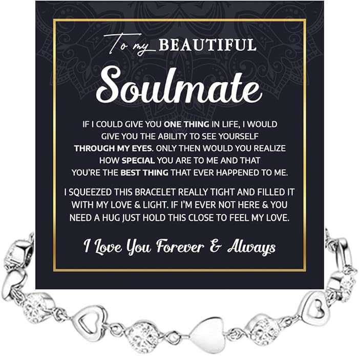 To My Soulmate Heart Bracelet Gift, Beautiful Soulmate Jewelry With Message Card and Box For Women, Romantic Anniversary, Birthday, Christmas or Valentine’s Day Gift