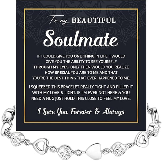 To My Soulmate Heart Bracelet Gift, Beautiful Soulmate Jewelry With Message Card and Box For Women, Romantic Anniversary, Birthday, Christmas or Valentine’s Day Gift