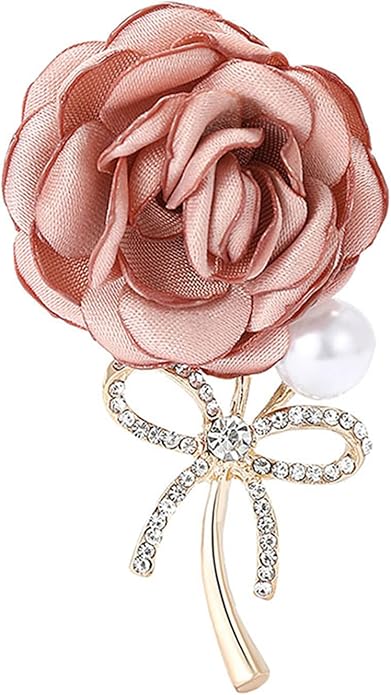 Dreuyet Rose Flower Brooch for Women Dainty Elegant Satin Fabric Flower Lapel Pins Vintage Pearl Camellia Crystal Pin Dress Suit Accessories Valentine's Day Wedding Bouquet Jewelry ﻿
