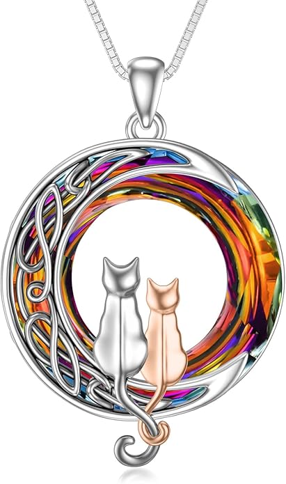TOUPOP Christmas Cat Gifts for Cats Lovers One Two Three Four Cats Necklace Sterling Silver Cats on the Moon Pendant Necklace with Blue Circle Crystal Birthday Christmas Celtic Jewelry Gifts for Women