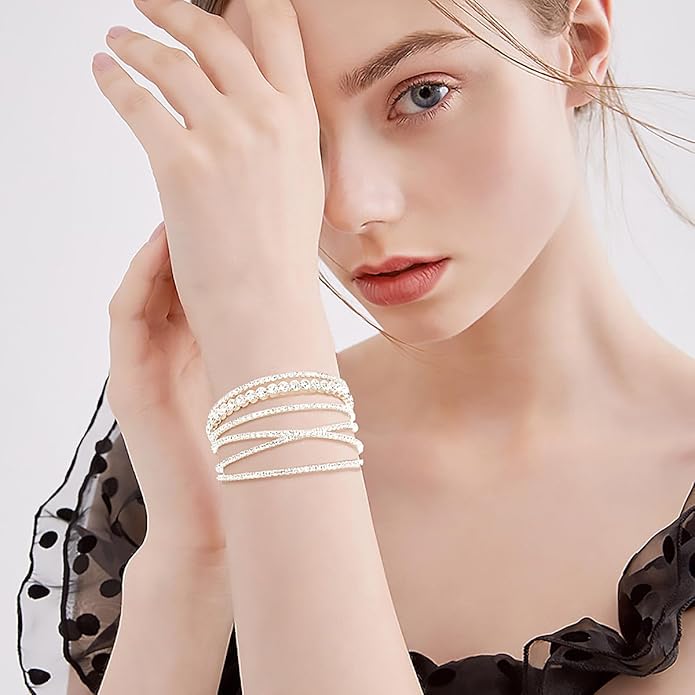 Suyi Rhinestone Bracelet for Women Silver Multilayer Cuff Bracelet Craystal Braidal Bracelets