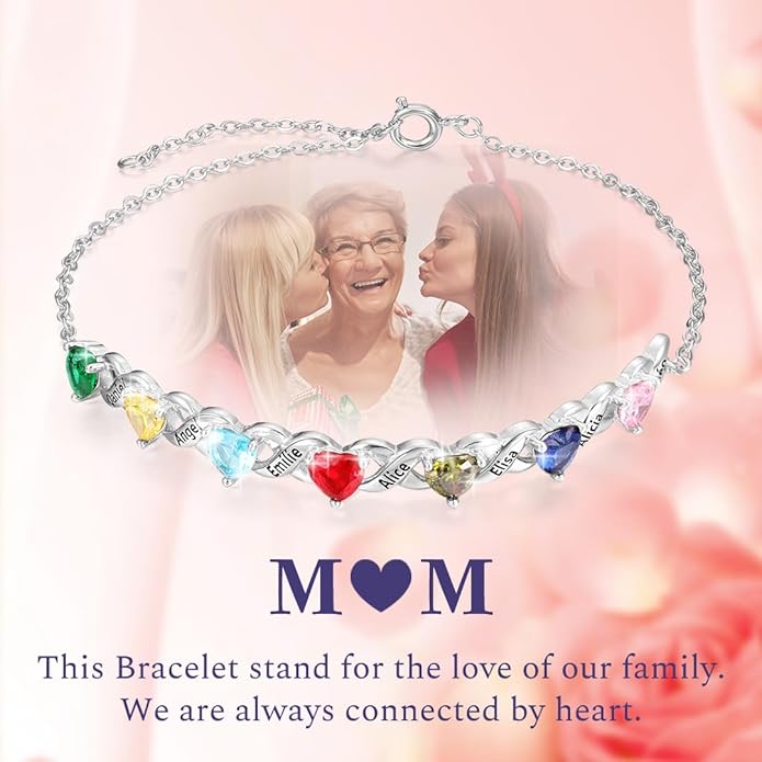 Personalized Custom Name Heart Bracelet with 1-6 Birthstone Bracelets for Women Engraved Family Names Link Bracelets for Mother's Day Mom Daughter