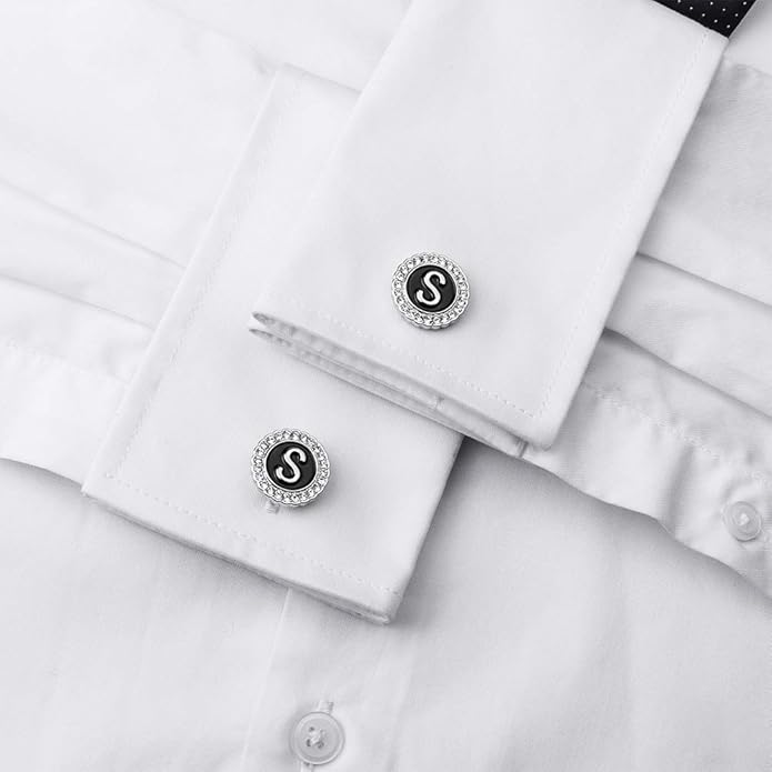 HAWSON A-Z Initial Cufflinks for Men and Women with Clear Crystal, Gold Silver Color Rasied Letter A-Z Cuff Links for French Shirt, Gift for Normal and Business Wearing