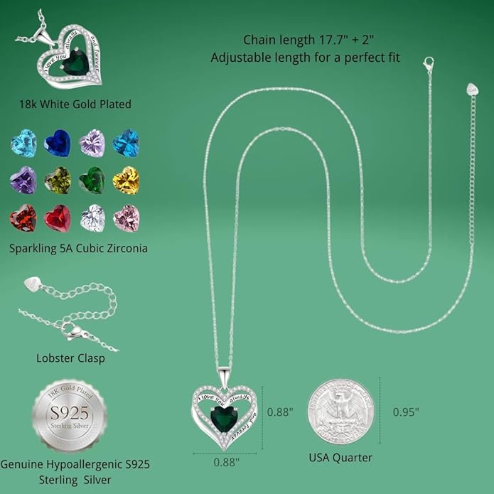 Birthstone Heart Necklace for Women Wife Girlfriend Mom Daughter Gifts S925 Silver Jewelry For Anniversary Rose Gold Gifts For Birthday Christmas Mothers Valentines Day