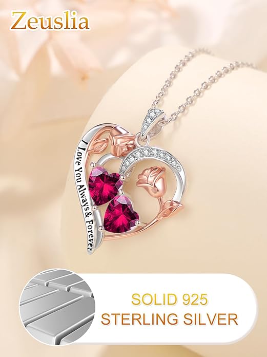 Zeuslia Double Birthstone Necklace Gifts for Wife - 925 Sterling Silver Sunflower/Rose/Crown Cross/Compass/Heart Pendant I Love You Necklace, Anniversary Birthday Gifts for Wife Girlfriend Mom Her