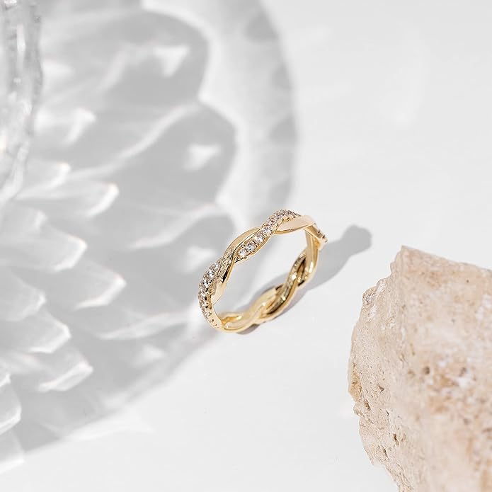 PAVOI 14K Gold Plated Cubic Zirconia Twisted Rope Eternity Band for Women
