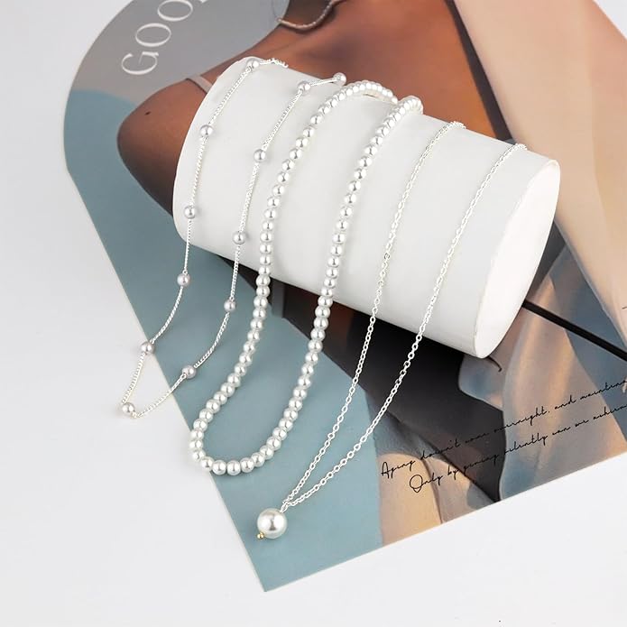 DIBOLA Gold Jewelry Set for Women, Dainty Layered 14K Gold/Silver Pearl Choker Necklaces and Earring Set Pearl Earrings Bracelets Wedding Bride Jewelry