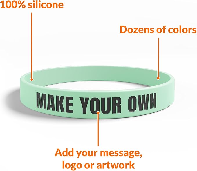 Custom Wristbands For Events, Fundraisers & Promotions | Add Text, Icons, & Logos | Bulk Rubber Bracelets | Classic 1/2” | 100% Silicone