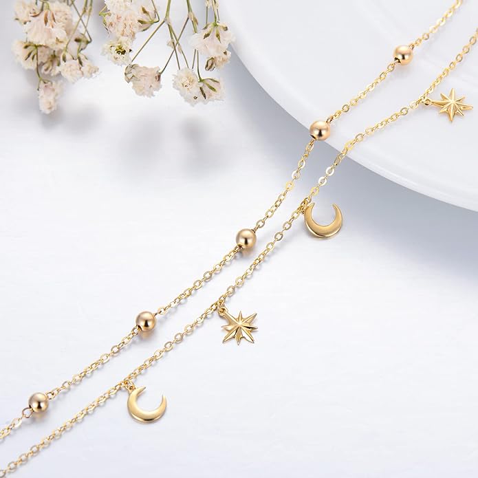 SISGEM 14K Yellow Gold Star Moon Anklet for Women,Real Gold Beads Station Anklet Bracelet Tassel Double Foot Link Beach Anklets Fine Jewelry Birthday Gifts for Her 8”+2”