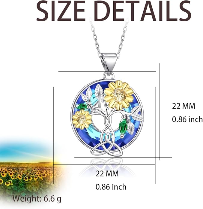 Tree of Life Pendnat Sunflower/Celtic Necklace with Blue Crystal Tree Jewelry Gifts for Women
